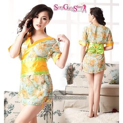 ชุดกิโมโน ผ้าชีฟอง สีฟ้าดอกเหลือง