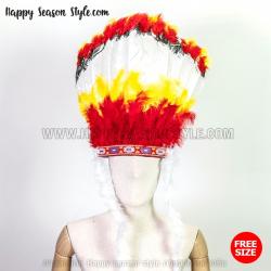 หัวอินเดียแดง หัวชนเผ่า หัวขนนก ที่คาดผมอินเดียแดง ขนแน่นขาวแดงคาดเหลือง