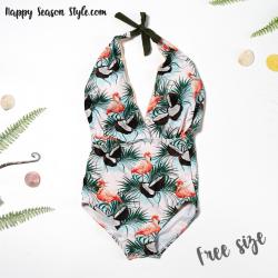 ชุดว่ายน้ำ วันพีช คอวี ผูกคอ ลายฟามิงโก้