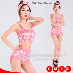 ชุดพีอาร์ พริตตี้ ทูพีช แนววินเทจ เกาหลี สีชมพูลายสก๊อต พร้อมผ้าโพกหัว