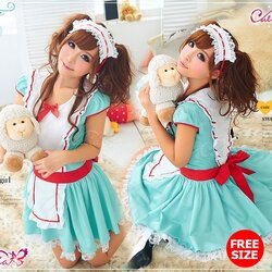 ชุดสาวเสิร์ฟ เมด สีฟ้าสด ตัดขอบแดง ผ้ากันเปื้อนขาว