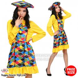 ชุดตัวตลก โบโซ่ เสื้อเหลือง กระโปรงลาย พร้อมหมวก