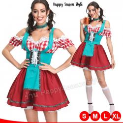 ชุดบาวาเรียน สีแดงเลือดหมูผ้ากันเปื้อนเขียว เทศกาลเบียร์ Oktoberfest Beer ชุดประจำชาติ เยอรมัน เนเธอร์แลนด์