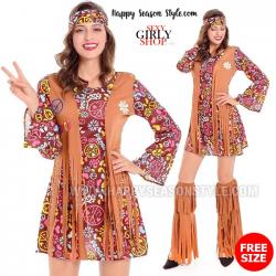 ชุดย้อนยุค แนวบุปผาชน โบฮีเมียนสั้นเสื้อกั๊กน้ำตาล ฮิปปี้ ซิกตี้ 60s