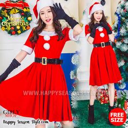 ชุดซานต้า ซานตี้ กระดุมปอมๆ ถุงมือดำ