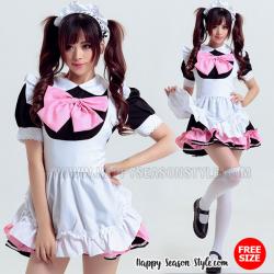 ชุดmaid ชุดสาวเสิร์ฟ ขาวดำ โบว์ชมพู ระบายชายชมพู