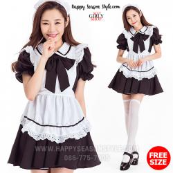 ชุดแฟนซี ชุดคอสเพลย์ ชุดเมด แม่บ้าน สาจ๋า - maid ชุดสาวเสิร์ฟ ดำ ผ้ากันเปื้อนขาว โบว์ดำ