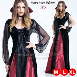 ชุดแม่มด ชุดแวมไพร์ แซกยาวดำแดง แขนซีทรู ปกตั้ง ผ้ากำมะหยี่