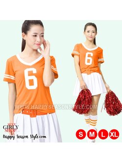 ชุดเชียร์ ชุดกีฬาสี เชียร์ลีดเดอร์ สีส้ม กุ๊นขาว กระโปรงขาวพร้อมเข็มขัด