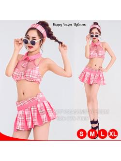 ชุดพีอาร์ พริตตี้ ทูพีช กระโปรงจีบรอบตัว แนววินเทจ เกาหลี สีชมพูลายสก๊อต พร้อมผ้าโพกหัว