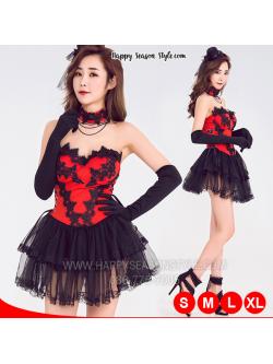 ชุดพีอาร์ พริตตี้ แซกเกาะอก สีแดง แต่งลูกไม้ดำ กระโปรงรูดระบายสีดำ พร้อมสร้อยโช๊คเกอร์และถุงมือ