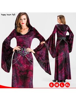 ชุดแม่มด ชุดแวมไพร์ ฮาโลวีน แซกกำมะหยี่สีม่วงดำ มีฮู๊ด