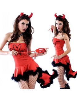 ชุดแฟนซี ชุดCosplay Halloween ฮาโลวีน ชุดคอสเพลย์ - ชุดเดวิล สีแดง เกาะอก หน้าสั้นหลังยาว ชายแต่งขนปุยสีดำ พร้อมที่คาดผมเดวิล
