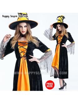 ชุดแม่มดยาว สีดำส้ม มีหมวกแม่มดทรงโค้ง