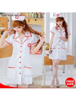 ชุดพยาบาล แซกสีขาวทรงปล่อย มีปก ขลิบแดง พร้อมหมวก