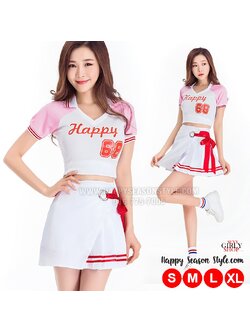 ชุดเชียร์ ชุดเชียร์ลีดเดอร์ ชุดเชียร์กีฬา สีขาวปกโปโล แขนชมพู กระโปรงขาว แนวเกาหลี ใส่ได้ 2 แบบ