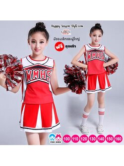 ชุดเชียร์กีฬา เชียร์เด็ก แขนกุด สีแดง สกรีน WMHS กระโปรงแดง แถมถุงเท้า