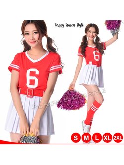 ชุดเชียร์ ชุดกีฬาสี เชียร์ลีดเดอร์ สีแดง กุ๊นขาว กระโปรงขาว พร้อมเข็มขัด