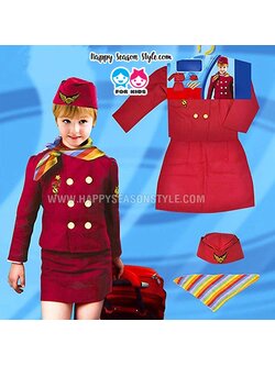 ชุดแอร์โฮสเตท สีแดงเลือดหมู แขนยาว พร้อมหมวก