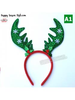 อุปกรณ์แฟนซี - ที่คาดผม คริสมาส XMAS เขากวางผ้าเกล็ด สีเขียว