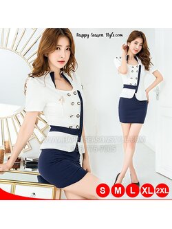 ชุดพนักงาน ชุดยูนิฟอร์ม ชุดอาชีพ ชุดแอร์ ชุดเลขา เสื้อขาวกระดุมคู่ คอปกตั้งสีน้ำเงิน