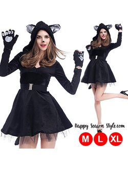 ชุดแฟนซี halloween ชุดแมวดำ แซกมีฮู๊ดหูและหางแมว พร้อมถุงมือแมว