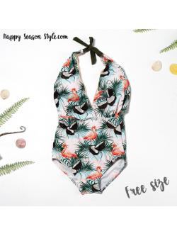 ชุดว่ายน้ำ วันพีช คอวี ผูกคอ ลายฟามิงโก้