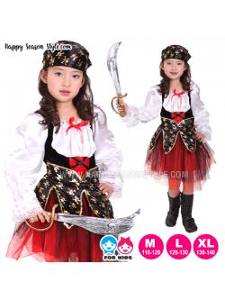 ชุดแฟนซีเด็ก ฮาโลวีน - ชุดโจรสลัดเด็ก เสื้อแขนยาวสีขาว กระโปรงฟูสีแดง แต่งลายหัวกระโหลก
