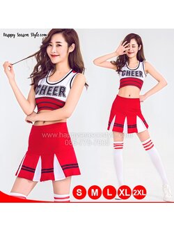 ชุดเชียร์ ชุดเชียร์ลีดเดอร์ ชุดเชียร์กีฬา สีแดง เอวลอย ขลิบดำ สกรีนที่อก กระโปรงทรงทวิส
