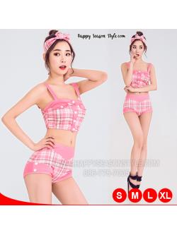 ชุดพีอาร์ พริตตี้ ทูพีช แนววินเทจ เกาหลี สีชมพูลายสก๊อต พร้อมผ้าโพกหัว