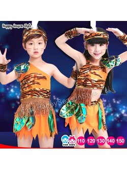 ชุดเชียร์เด็ก สีส้ม ชุดชนเผ่า คนป่า สำหรับเด็ก