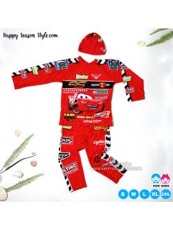 ชุดว่ายน้ำเด็ก สีแดง ลายคาร์ Cars แยกชิ้น แขนยาว ขายาว พร้อมหมวกว่ายน้ำ