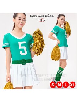 ชุดเชียร์ ชุดกีฬาสี เชียร์ลีดเดอร์ สีเขียวเข้ม กุ๊นขาว กระโปรงขาว พร้อมเข็มขัด