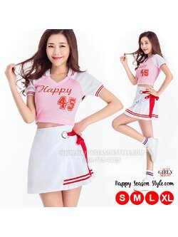 ชุดเชียร์ เชียร์ลีดเดอร์ ชุดเชียร์กีฬา สีชมพู ปกโปโล แขนขาว กระโปรงขาว แนวเกาหลี ใส่ได้ 2 แบบ