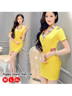 ชุดพนักงาน ชุดแอร์ ชุดยูนิฟอร์ม ชุดอาชีพ สีเหลืองสดใส ปกลาย คอวี
