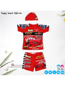 ชุดว่ายน้ำเด็ก สีแดง ลายคาร์ Cars แยกชิ้น แขนสั้น ขาสั้น พร้อมหมวกว่ายน้ำ