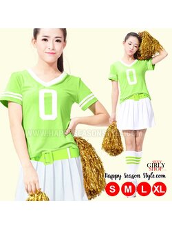 ชุดเชียร์ ชุดกีฬาสี เชียร์หลีดเดอร์ สีเขียวอ่อน กุ๊นขาว กระโปรงขาว พร้อมเข็มขัด