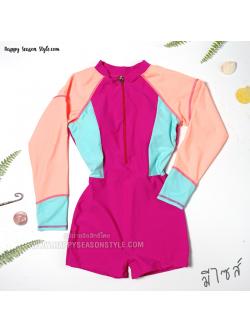 ชุดว่ายน้ำ วันพีช แขนยาว ขาสั้น ซิปหน้า สีชมพู-ส้ม-ฟ้า (มีหลายสี)