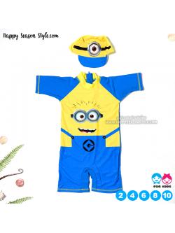 ชุดว่ายน้ำเด็ก มินเนียน ชุดติดกัน พร้อมหมวกว่าน้ำทรงหมวกแก๊บ