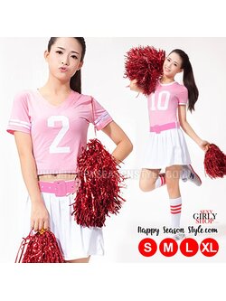 ชุดเชียร์ ชุดกีฬาสี เชียร์ลีดเดอร์ สีชมพู กุ๊นขาว กระโปรงขาว พร้อมเข็มขัด