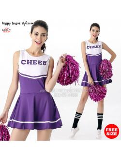 ชุดเชียร์ ชุดเชียร์ลีดเดอร์ เชียร์กีฬา ชุดปอมๆ เชียร์หลีดเดอร์ สีม่วง แซกผ้ายืด สกรีนที่อก Cheer