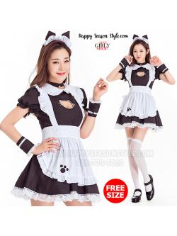 ชุดแฟนซี ชุดคอสเพลย์ ชุดเมด แม่บ้าน - maid ชุดสาวเสิร์ฟ ดำ หูแมว เจาะอกรูปแมว