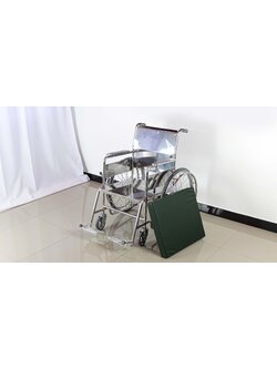 รถเข็นวีลแชร์ผู้ป่วยสแตนเลส รุ่น PS56 แบบพับไม่ได้ พร้อมเบาะรองนั่ง ล้อซี่ลวด