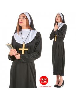 ชุดแม่ชี nun นักบวช แซกยาวสีดำไม่มีลายพร้อมหมวกแถบขาว