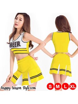 ชุดเชียร์ เชียร์ลีดเดอร์ ชุดเชียร์กีฬา สีเหลือง เอวลอย ขลิบดำ สกรีนที่อก กระโปรงทรงทวิส