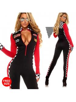 ชุดแฟนซี motor show - ชุดพริตตี้ ชุดมอเตอร์โชว์ ชุดสูทติดกัน ชุดนักแข่งรถ แดงดำ ซิปหน้า