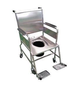 วีลแชร์นั่งถ่ายสแตนเลส รุ่น PS101 แบบพับไม่ได้ พร้อมเบาะรองนั่ง และถังรองถ่าย (ล้อหลังเล็ก)