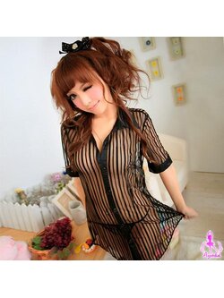 ชุดนอนไม่ได้นอน ชุดนอนซีทรู แนวเสื้อตัวโคร่งลายทางซีทรูสีดำ