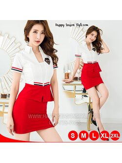 ชุดพนักงาน ชุดแอร์ ชุดพีอาร์ ยูนิฟอร์ม ชุดพนักงานต้อนรับ สีขาว แดง