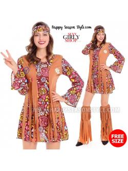 ชุดย้อนยุค แนวบุปผาชน โบฮีเมียนสั้นเสื้อกั๊กน้ำตาล ฮิปปี้ ซิกตี้ 60s